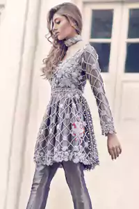 Dark Gray Silky Short Frock. The frock has been adorned with an embellished bodice. The embroidered border has been implemented on the hemline.