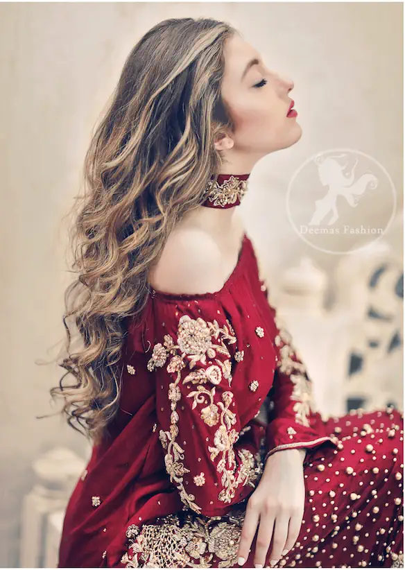 Deep Red Party Wear Dress - Short Shirt - Embroidered Trouser