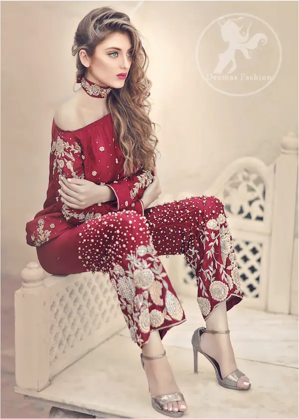 Deep Red Party Wear Dress - Short Shirt - Embroidered Trouser