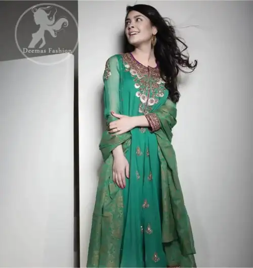 Dark Green Anarkali Frock - Churidar Pajama
