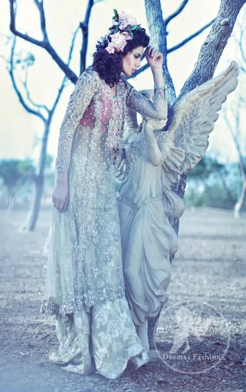 Light Gray A-Line Net Shirt And Jamawar Sharara