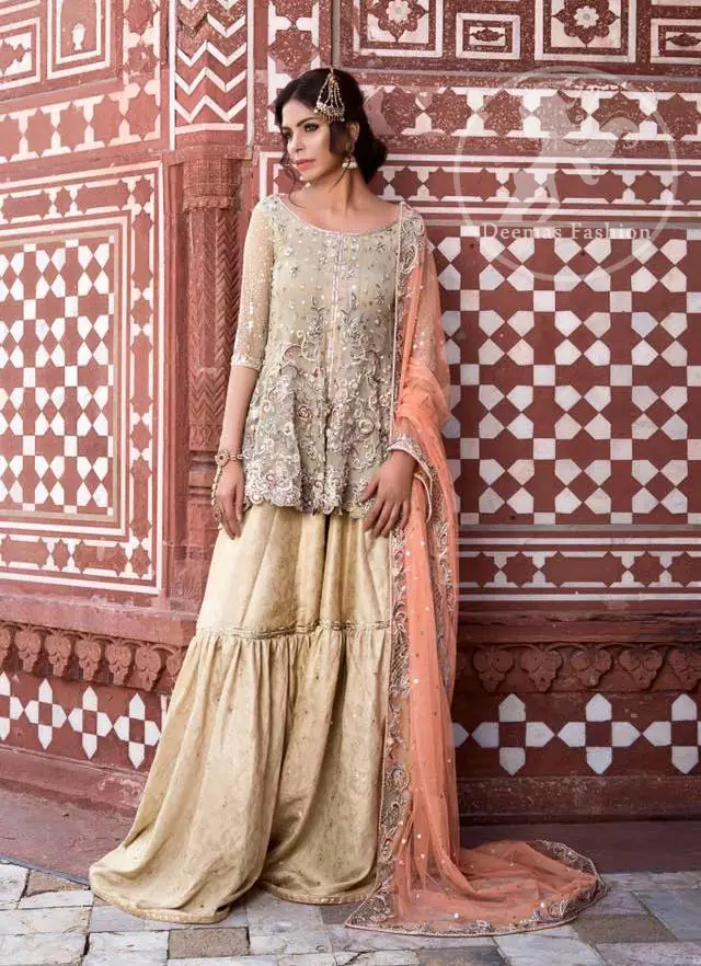 Traditional Gharara. The frock features beautiful embellishments all over the frock. The dress contains a working border on the hemline. Full-length sleeves.
