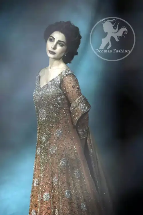 The dress features beautiful and lovely embellishments that accentuate the neckline, all over the bodice and an applique work border