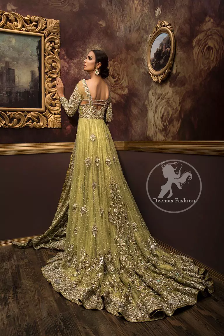Lime Green Fully Embroidered Back Trail Bridal Maxi. Maxi has been adorned with an embellished bodice. Ornamental motifs are scattered all over.