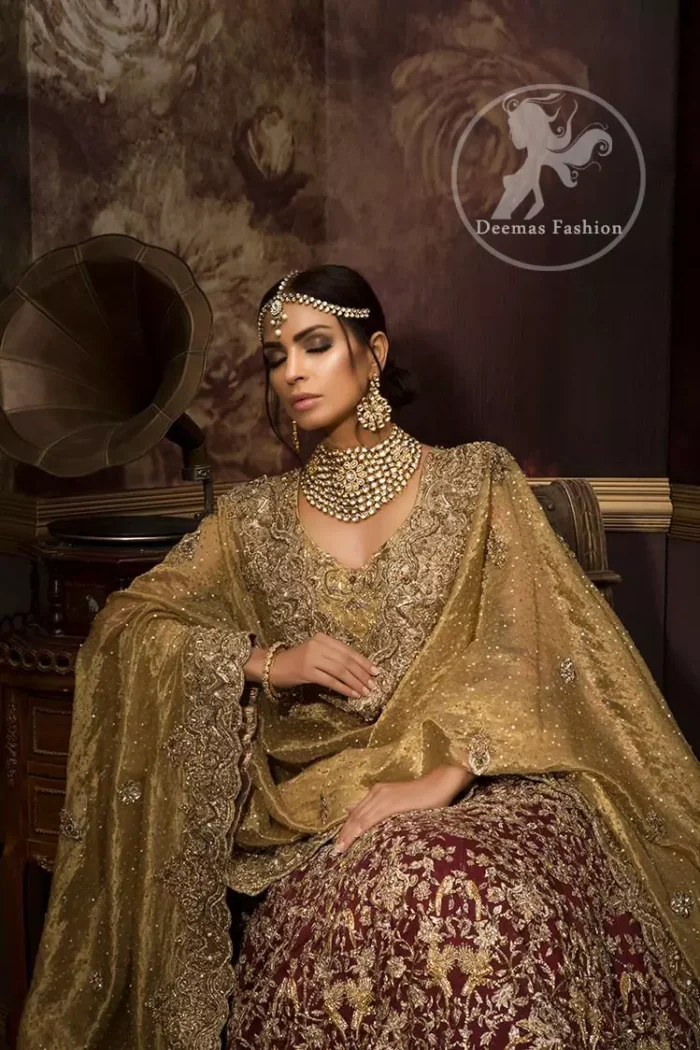 The blouse features marvellous and awesome embellishments accent all over the front and back. Concealed hooks closure front. Dusty gold applique work border implemented at the bottom of the lehenga. Dupatta has a four-sided embroidered border all around and contains medium and large-sized ornamental motifs crafted all over. Pearls and sequins spray all over with Scalloped edges finished.