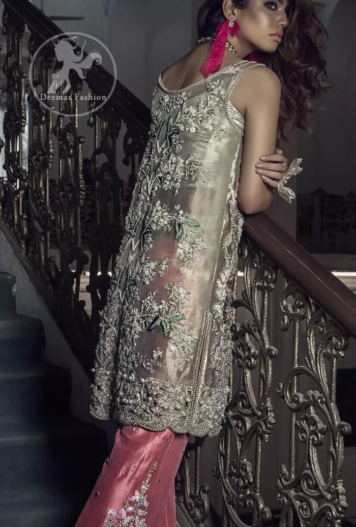 Fawn Embroidered Organza Gown. Fawn Embroidered Organza Front Open Gown Shirt features beautiful and fabulous embellishments all over.