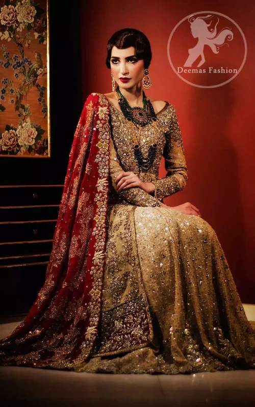 Golden Front Open Back Trail Gown - Bridal Lehenga - Deep Red Dupatta