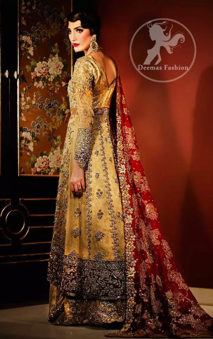 Golden Front Open Back Trail Gown - Bridal Lehenga - Deep Red Dupatta