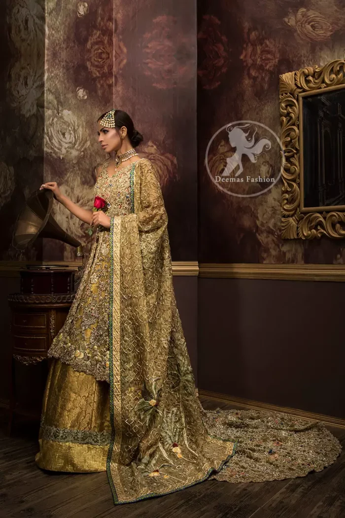 Golden organza lehengha comes with pure crinkle chiffon dupatta having heavy embroidery. Dress comes with front open long back trail gown.  