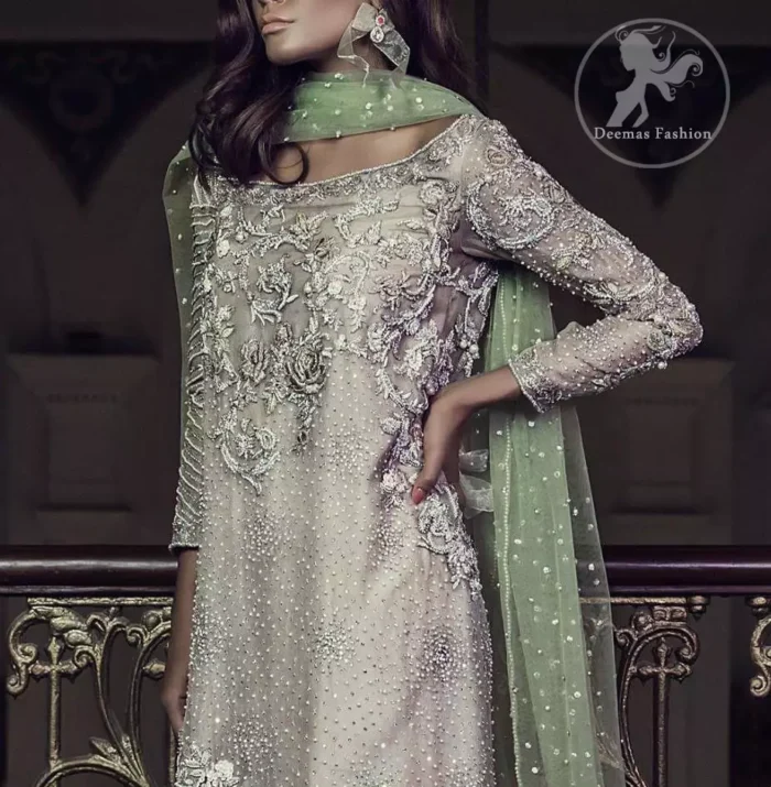 Features marvellous and awesome embellishments accent on the front. Full-length sheer Embellished sleeves and Concealed with back zip closure. Dupatta contains pearls and sequins sprayed all over.