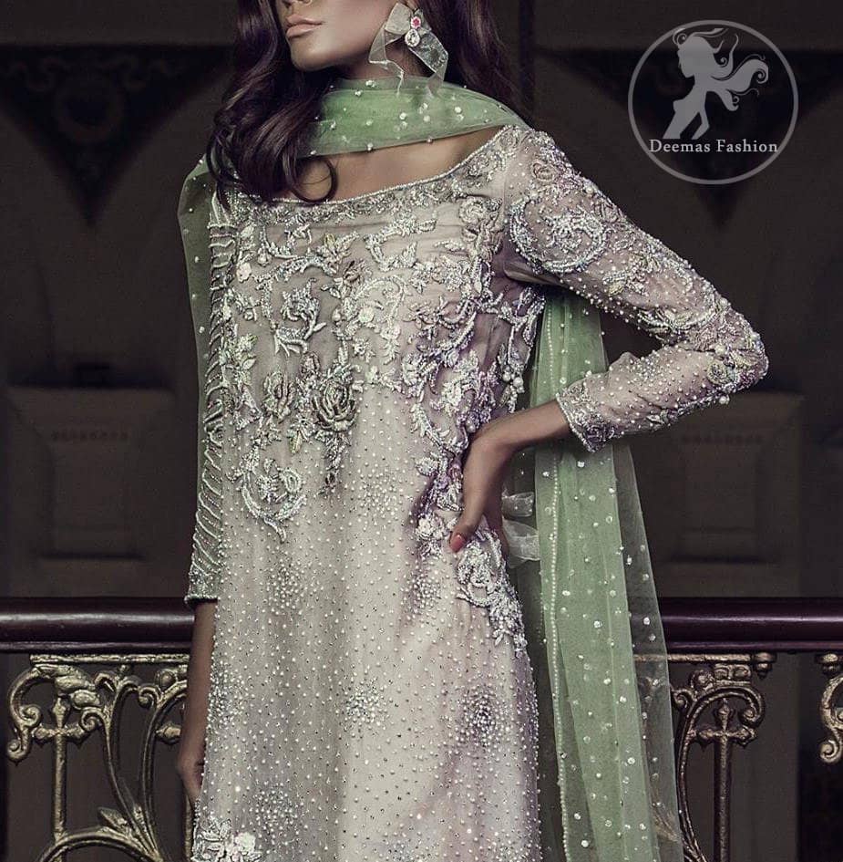 Light Fawn Party Wear Shirt - Jamawar Cigarette Pants - Pistachio Dupatta