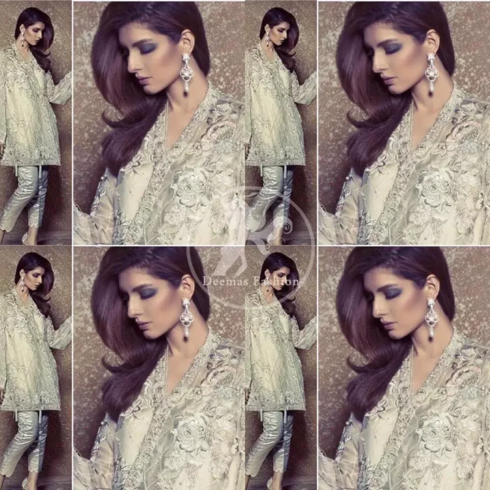 Light Gray Aline Short Dress features beautiful and lovely embellishments that accentuate the neckline, all over the bodice. Full sleeves and Embellished border implemented on front and back hemline. Silk cigarette pants come with a fixed waistband with a side zip closure. Stones spray scattered all over the dupatta.