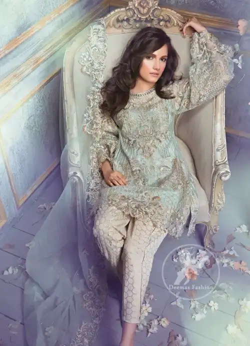 Light Teal Blue Semi Formal Shirt - Embroidered Dupatta - Beige Tulip Pants