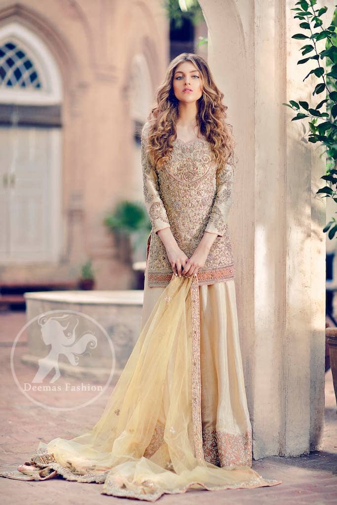 Light Yellow Fully Embroidered Shirt - Lehenga - Dupatta