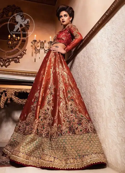 Orange Red Banarsi Bridal Lehenga - Choli