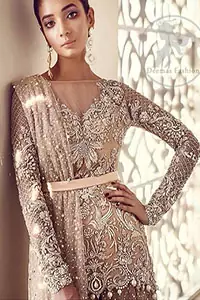 Pale Peach Party Wear Dress - Embroidered Short Shirt - Flared Lehenga