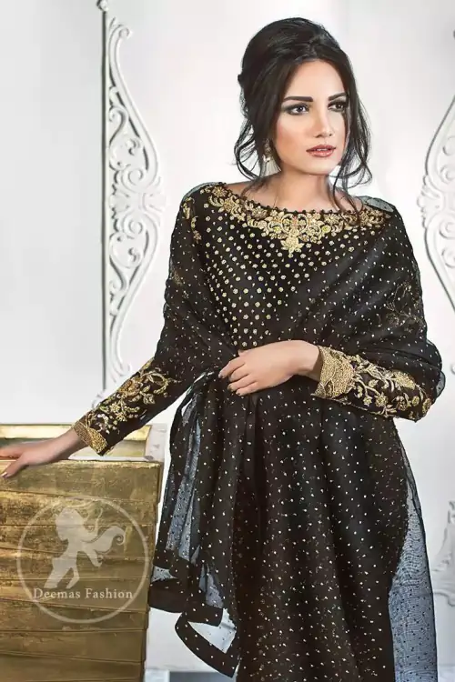 Stylish Black Party Wear Short Shirt - Palazzo Pants - Jamawar Dupatta