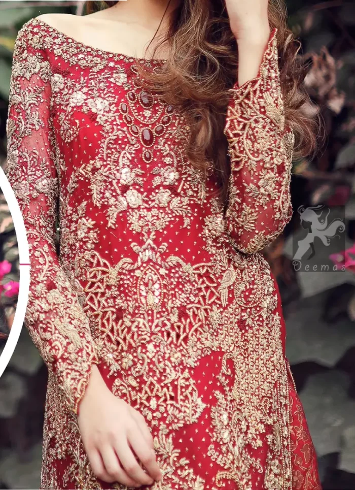 Deep Red Fully Embroidered Shirt. Shirt features beautiful and lovely embellishment all-over the front and border on back hemline. Back trail brocade lehengha.