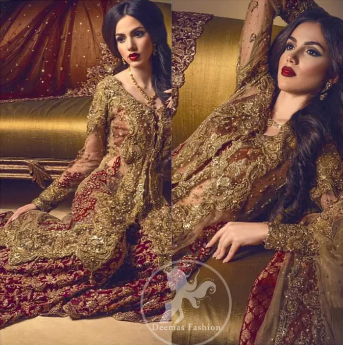 The shirt features beautiful and lovely embellishments that accentuate the neckline, all over the front flared and a working border on the hemline. An embellished border has been implemented at the bottom of the lehenga. Hand-made embroidery includes Kora, dabka, stones, sequins, beads, Resham, and Swarovski crystals.