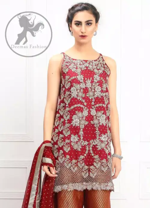 Bridemaids Dresses - Deep Red Embroidered Short Shirt - Rust Jamawar Palazzo
