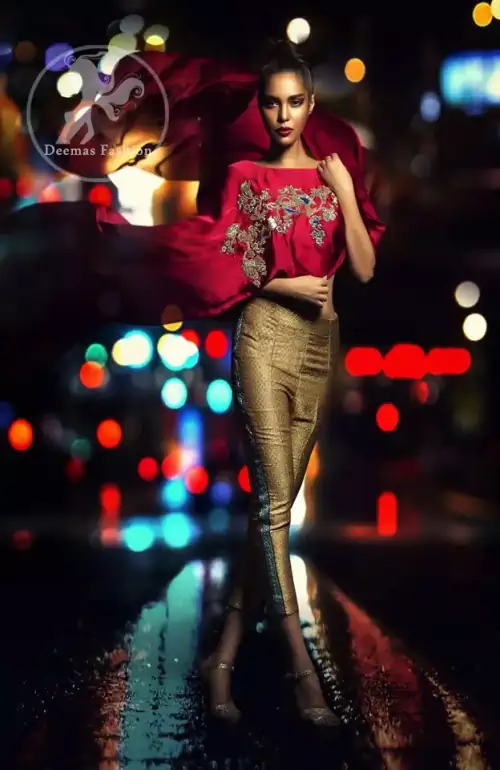 Party Wear Dress - Red Embroidered Cape - Golden Banarsi Cigarette Pants