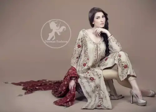 Off White Front Open Shirt - Golden Trouser - Maroon Jamawar Dupatta