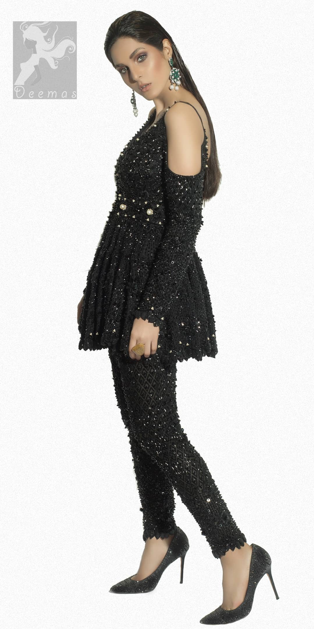 Black Peplum Dress with Trousers and Black Embellishment