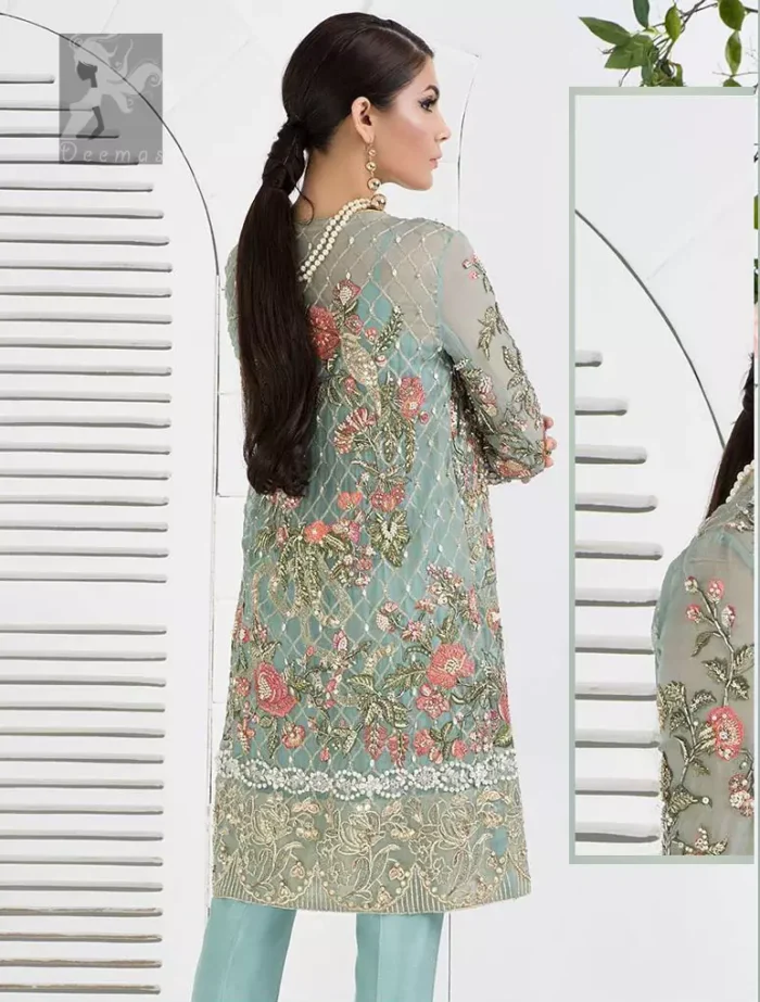 Cascade embroidered chiffon without slits shirt adorned with colorful embellishment. Shirt comes with Opal raw silk trousers and pure crinkle chiffon dupatta.