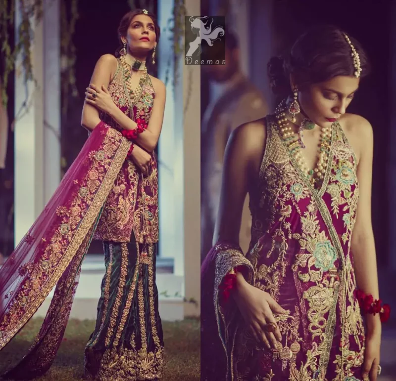 Claret colour peplum having halter neck design with bottle green loose trousers and heavy embellished Dupatta