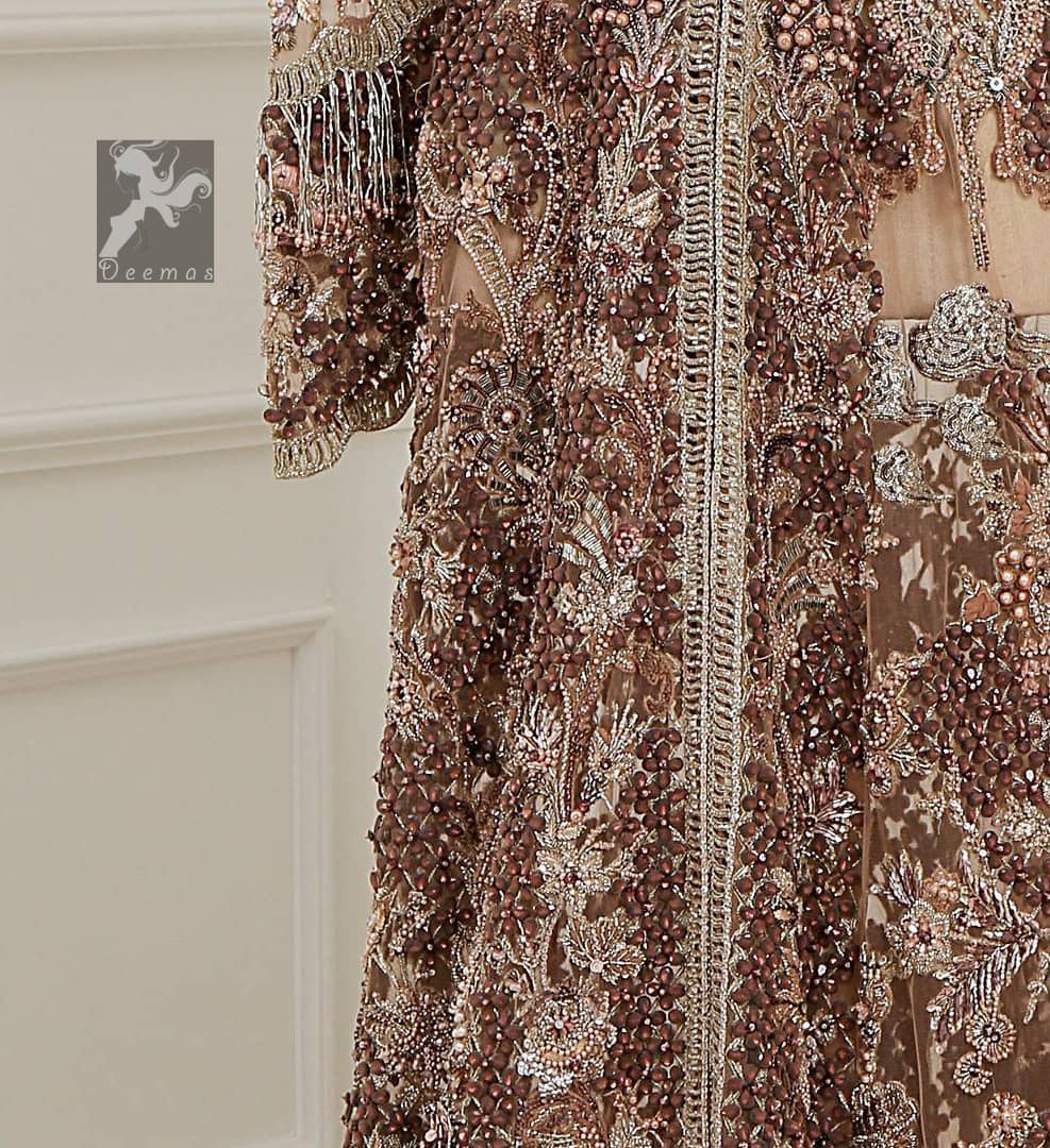 Light brown front open net maxi having brandy rose bodice. Maxi adorned with brown, light golden, champagne and silver embellishment. Pure organza dupatta adorned with embellished border.