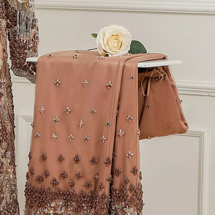 Light brown front open net maxi having brandy rose bodice. Maxi adorned with brown, light golden, champagne and silver embellishment. Pure organza dupatta adorned with embellished border.