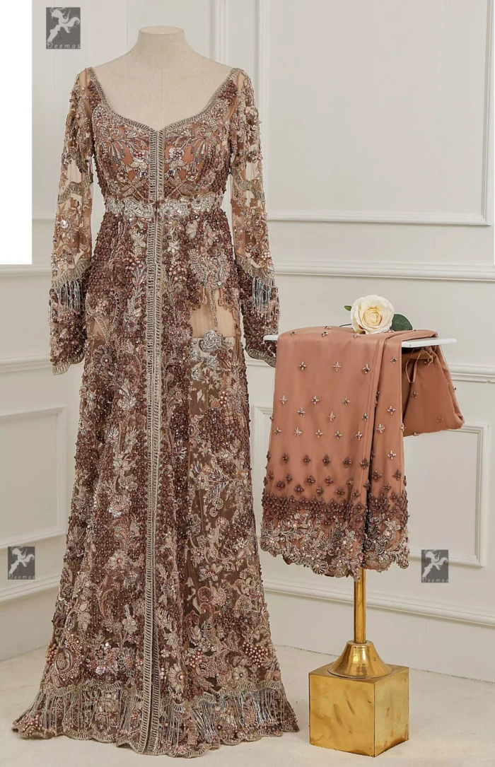 Light brown front open net maxi having brandy rose bodice. Maxi adorned with brown, light golden, champagne and silver embellishment. Pure organza dupatta adorned with embellished border.