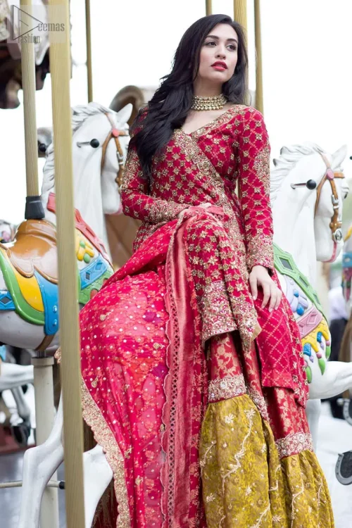 Cardinal Pink Angrakha Style Gown - Tea Pink Mehndi Green Gharara