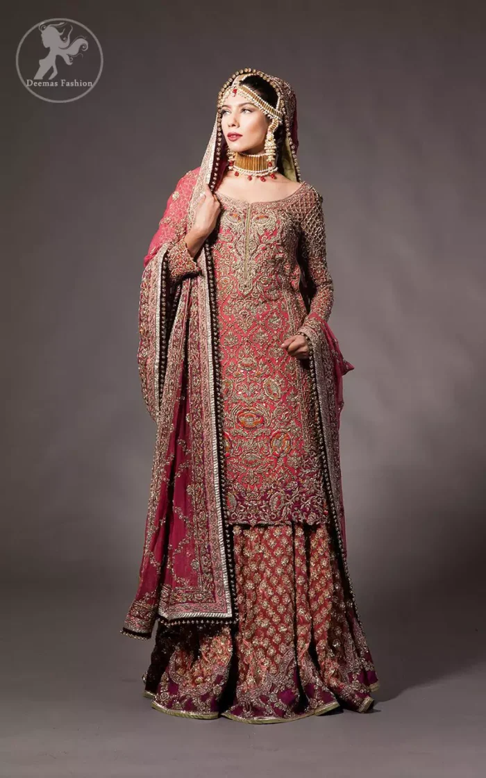 Tea rose fully embellished shirt with plum applique border on hemline. Plum dupatta adorned with tea rose and silver appliques having black finishing. Tea rose fully embellished lehenga with small motifs having plum applique border on hemline.