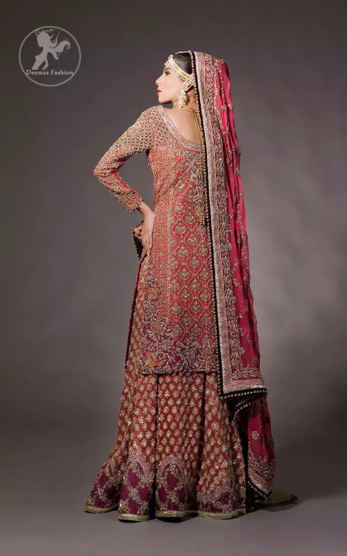 Tea rose fully embellished shirt with plum applique border on hemline. Plum dupatta adorned with tea rose and silver appliques having black finishing. Tea rose fully embellished lehenga with small motifs having plum applique border on hemline.
