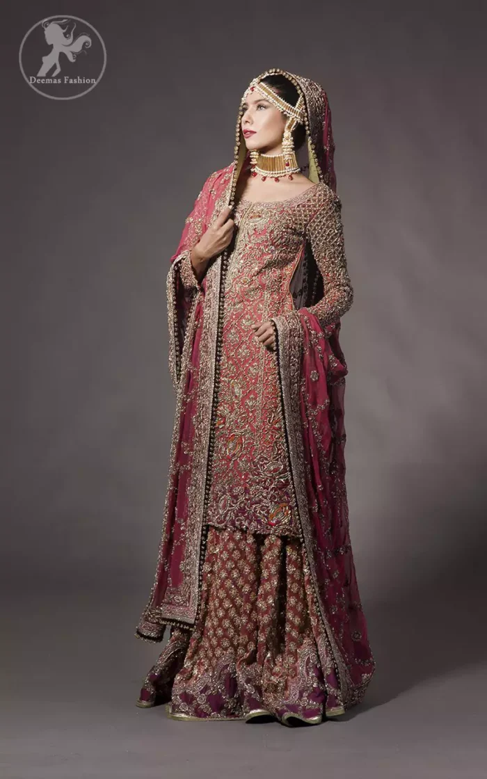 Tea rose fully embellished shirt with plum applique border on hemline. Plum dupatta adorned with tea rose and silver appliques having black finishing. Tea rose fully embellished lehenga with small motifs having plum applique border on hemline.