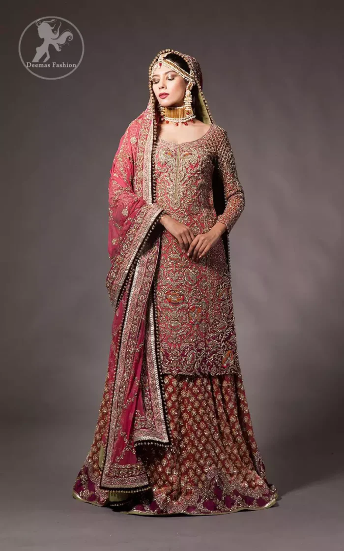 Tea rose fully embellished shirt with plum applique border on hemline. Plum dupatta adorned with tea rose and silver appliques having black finishing. Tea rose fully embellished lehenga with small motifs having plum applique border on hemline.