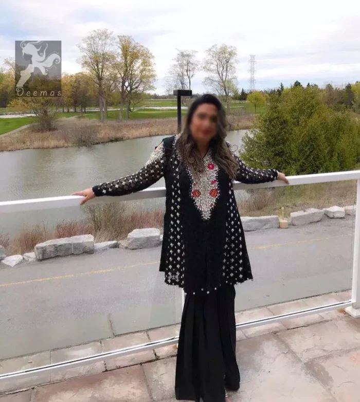 Black peplum made with pure banarsi jamawar chiffon. Peplum having multiple panels of different banarsi patterns. White and silver embellishment on neckline, side panels and sleeves. Pure raw silk sharara pants.