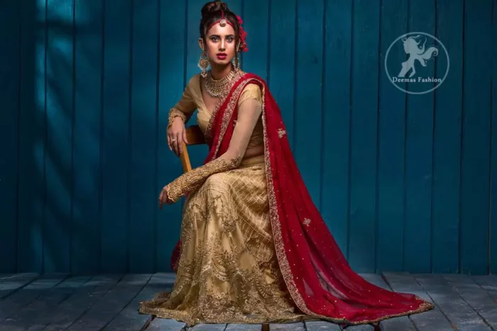 This outfit has antique brass pure banarsi jamawar blouse and embroidered net full sleeves. It comes with lehengha which embodies criss cross pattern all over it. It is further enhanced with floral borders around daman. Lehengha is scalloped and highlighted with tilla and silk thread embroidery (Resham). It is embellished with dull golden, antique shaded kora, dabka, tilla and sequins. This outfit is beautifully coordinated with scarlet embellished dupatta, decorated with four sided floral embroidery and spray of different sizes floral motifs and sequins all over it.