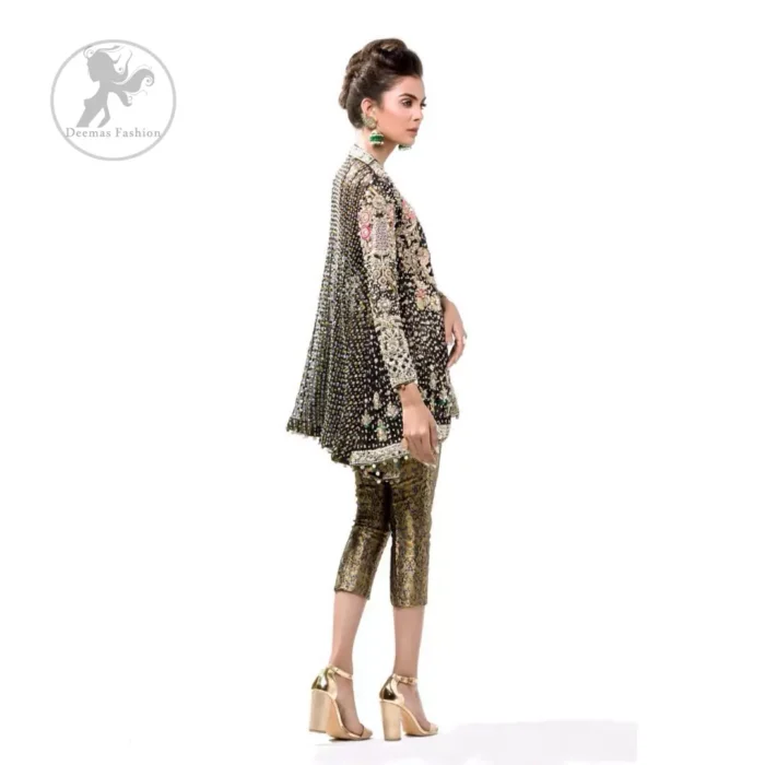 This classic forest black peplum style shirt is meticulously highlighted with dull golden kora, dabka,tilla, sequins and pearls.