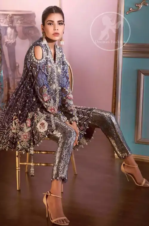 Manchester Blue Angrakha Style Short Frock Brocade Trousers