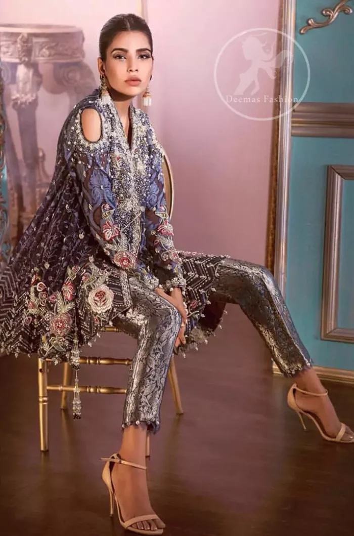Oxford Blue Angrakha Style Short Frock Brocade Trousers