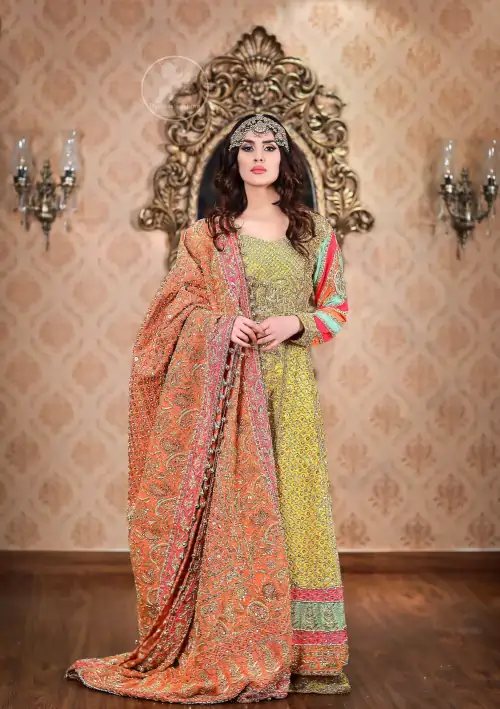 This outfit is decorated with antique shaded embroidery. The dress is fully embellished. Sleeves are decorated with different colour applique