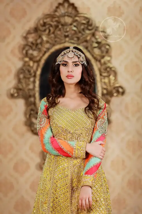 This outfit is decorated with antique shaded embroidery. The dress is fully embellished. Sleeves are decorated with different colour applique