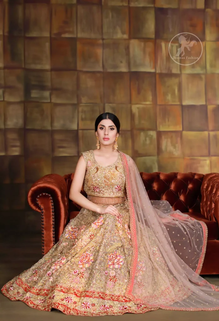 Blouse is fully embellished and decorated with tassels. Lehengha is embellished with different shaded thread embroidery, allured with kora, dabka, tilla, sequins and pearls.