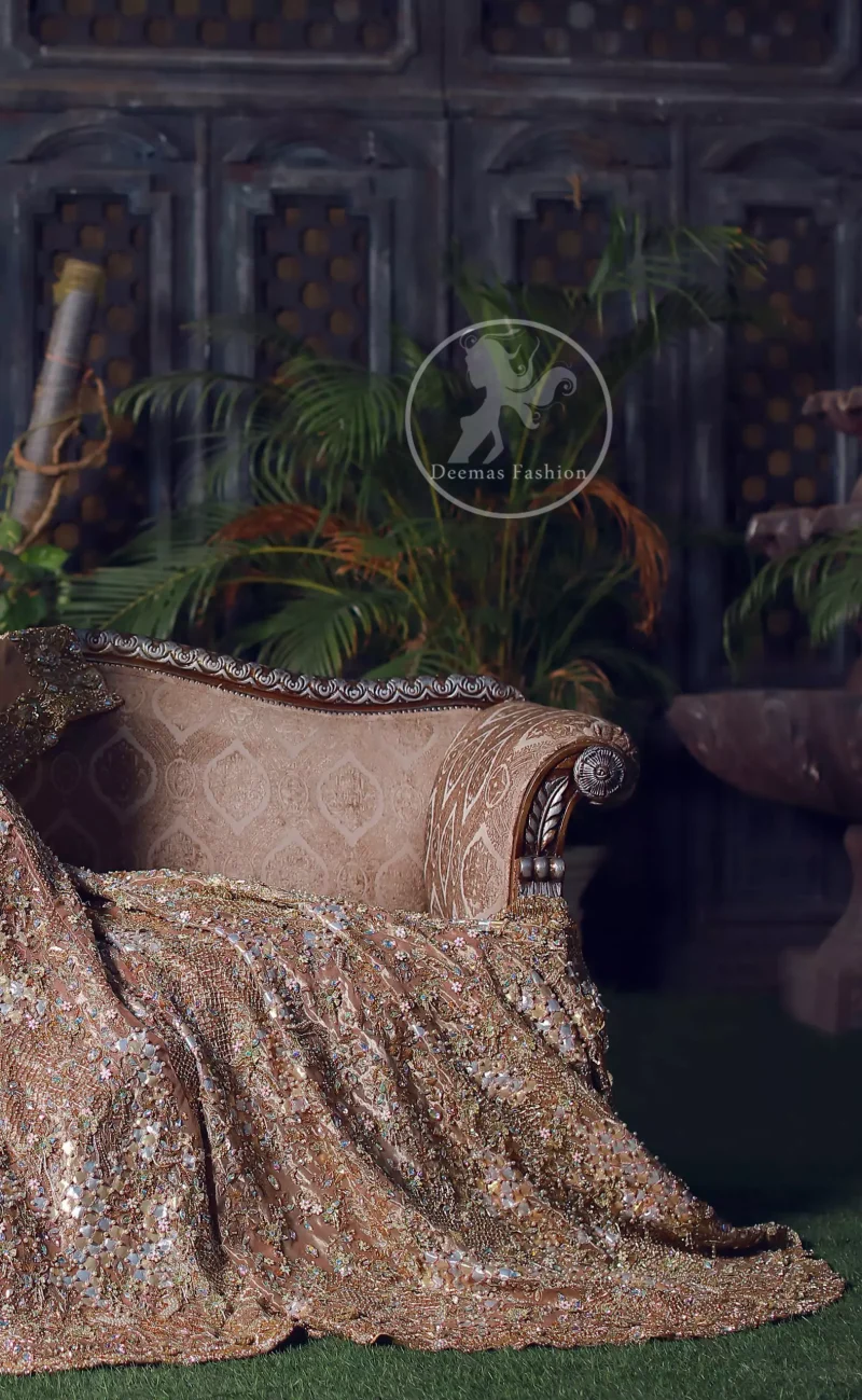 This dress is beautifully sculptured with floral embroidery. It is meticulously highlighted with silver kora, dabka, tilla, sequins and pearls. Back is fully embroidered. Trail is magnificently decorated with scalloped border. Beautiful bodice adds to the look. Inner of this trail is of brocade which has thick embellished border. Complete the look with embellished dupatta.