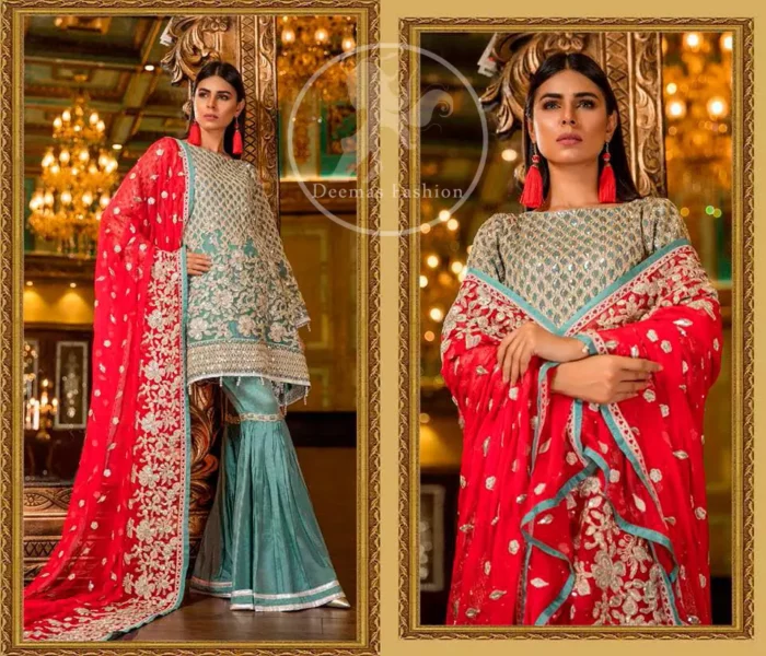 This shirt is adorned with floral embroidery.It is allured with silver and white kora dabka, tilla, sequins and swarovski. This outfit is decorated with intricate cut-work pattern on bodice and sleeves as well. It is beautifully paired up with blue smoke gharara pants. It is artistically coordinated with torch red dupatta which has one sided heavy embroidery and sprinkled with sequins all over it.