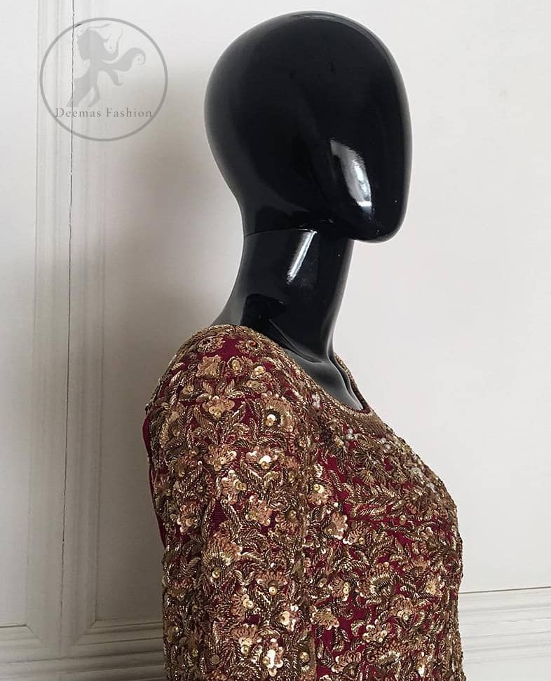 This outfit is meticulously highlighted with antique shaded kora dabka, tilla, sequins and swarovski. This dress is beautifully sculptured with floral embroidery. Shirt is fully embellished. It is artistically coordinated with embellished lehenga. Lehenga is enhanced with embroidered border and applique. It comes with chiffon dupatta, having four sided embellished border and sprinkled with sequins all over it.