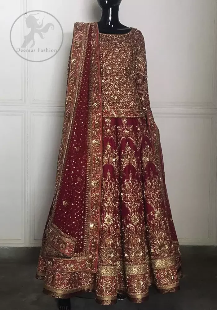 This outfit is meticulously highlighted with antique shaded kora dabka, tilla, sequins and swarovski. This dress is beautifully sculptured with floral embroidery. Shirt is fully embellished. It is artistically coordinated with embellished lehenga. Lehenga is enhanced with embroidered border and applique. It comes with chiffon dupatta, having four sided embellished border and sprinkled with sequins all over it.
