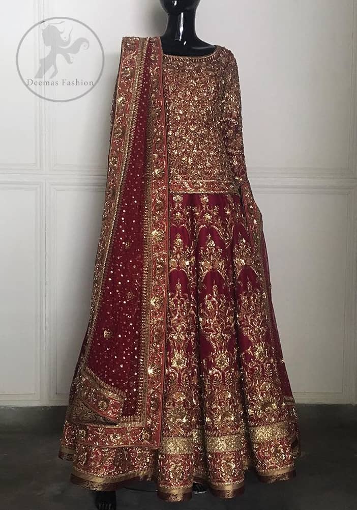 This outfit is meticulously highlighted with antique shaded kora dabka, tilla, sequins and swarovski. This dress is beautifully sculptured with floral embroidery. Shirt is fully embellished. It is artistically coordinated with embellished lehenga. Lehenga is enhanced with embroidered border and applique. It comes with chiffon dupatta, having four sided embellished border and sprinkled with sequins all over it.